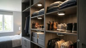 Wireless battery-powered puck lights illuminating shelving compartments in a British walk-in wardrobe