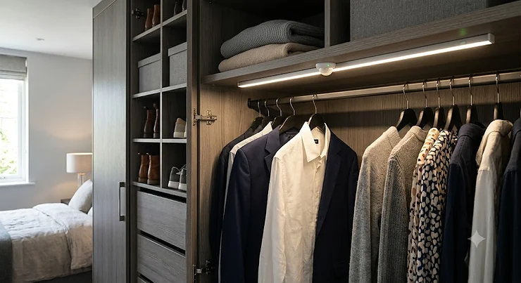 PIR motion sensor LED strip light automatically illuminating hanging clothes inside a modern fitted wardrobe, best wardrobe light