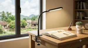 Space-saving clamp-on eye care reading lamp attached to the side of a study desk