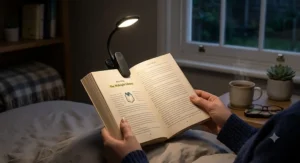 Compact clip-on eye care reading lamp attached to a paperback book for evening reading