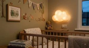 Soft white cloud night light for kids mounted on a neutral painted bedroom wall