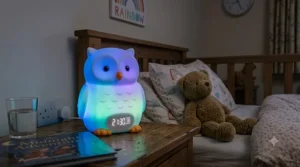 Multicoloured night light with integrated countdown timer resting on a wooden nightstand in a children's room