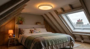 Cozy loft bedroom with low ceiling featuring a sleek slimline colour changing LED light panel