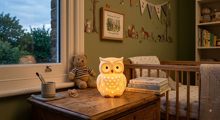 Cute owl night light for kids glowing softly on a bedside table in a British nursery