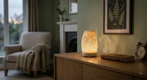 Decorative ceramic night light for adults creating a calming atmospheric glow in a modern home.