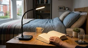 Dimmable eye care reading lamp casting warm light on a cosy bedside table