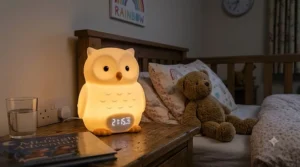 Dimmable night light with timer displaying soft warm light beside a child's favourite soft toy
