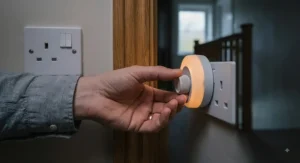 Hand adjusting the brightness dial on a dimmable low blue light night light in a UK mains socket