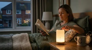 Dimmable touch-control night light for adults providing subtle ambient lighting for evening reading in bed.