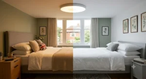 Bedroom lighting scene demonstrating warm and cool colour temperature modes on a ceiling light with remote control.