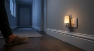 Dusk-to-dawn motion sensor night light detecting movement in a long residential corridor.