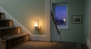 Dusk-to-dawn sensor night light for adults installed on a staircase landing for safe night-time navigation.