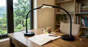 Flexible gooseneck eye care reading lamp positioned over study notes in a home office