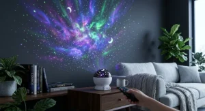 Remote controlled star projector night light casting vibrant nebulae and stars across a modern living room wall.