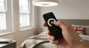 Close-up illustration of a hand using a handheld remote control to adjust a bedroom ceiling light.