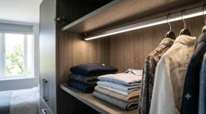 Integrated LED clothes hanging rail casting soft light downwards over folded garments and shirts