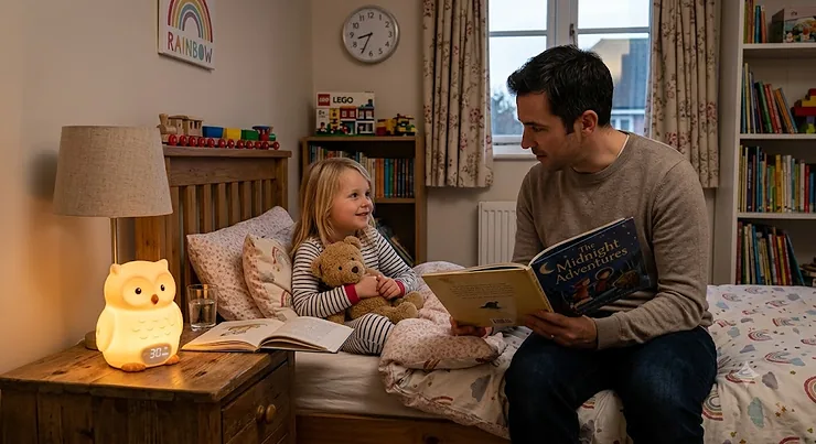 Child listening to a bedtime story next to a soft glowing kids night light with an auto shut-off timer, night light with timer for kids