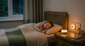 Child sleeping peacefully with a low blue light night light casting a reassuring soft warm glow