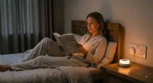 Person reading a book in bed comfortably using the warm glow of a low blue light night light
