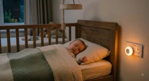 A sleeping baby in a nursery cot softly illuminated by an amber low blue light night light