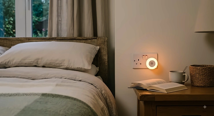 A low blue light night light plugged into a UK wall socket beside a cosy bedroom bed