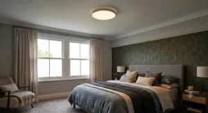 Compact flush fitting ceiling light for bedroom with low ceiling height