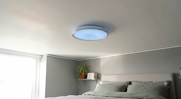 Modern flush colour changing ceiling light fitted on a clean plaster ceiling in a contemporary British bedroom