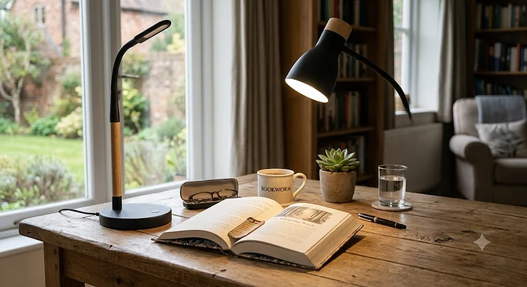 Modern eye care reading lamp illuminating an open hardback book on a wooden desk