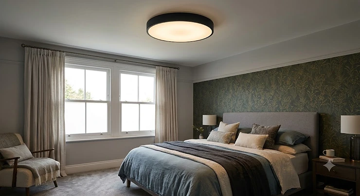 Modern flush ceiling light for bedroom with dimmable warm white LED illumination
