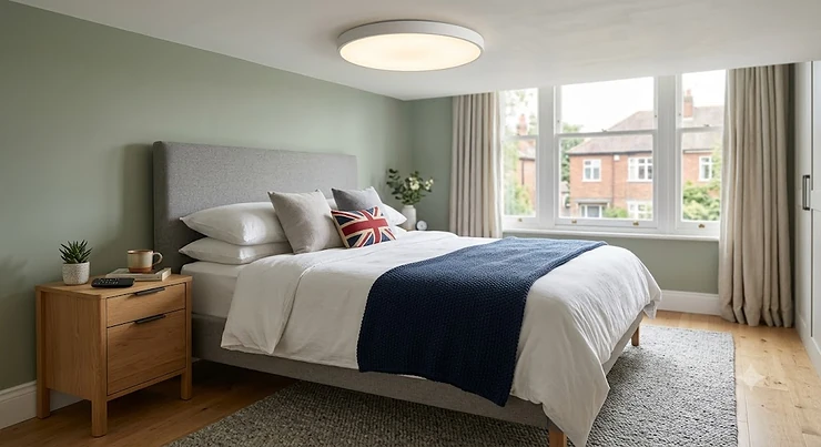 Modern British master bedroom featuring a sleek dimmable LED ceiling light with remote control resting on a nightstand. ceiling light with remote control bedroom