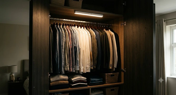 Motion sensor wardrobe light illuminating a dark fitted wardrobe with neatly organised clothes