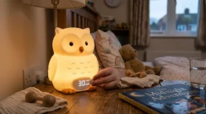 Close-up of a nursery night light with timer controls set for 30 minutes on a bedside table