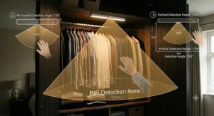 Diagram showing the PIR detection angle and range for a motion sensor wardrobe light in a built-in cupboard