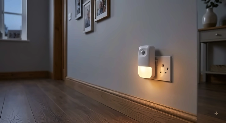A plug-in motion sensor night light illuminating a dark hallway near an electrical socket in a modern British home.