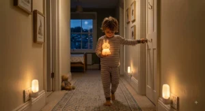 Child holding a portable rabbit night light for kids on their way to the bathroom at night