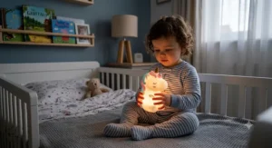 Toddler holding a portable cordless unicorn night light during bedtime in a UK nursery.