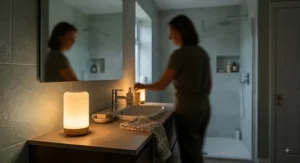 Rechargeable amber night light for adults offering gentle non-disruptive illumination in an ensuite bathroom.
