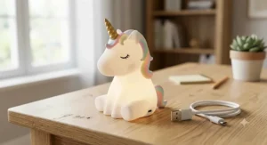 Rechargeable LED unicorn night light resting on a desk alongside its USB charging cable.