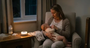 Parent nursing an infant during night-time feeds with a portable rechargeable low blue light night light nearby