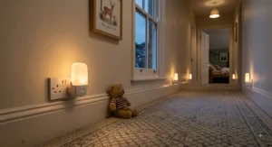 Dimmable plug-in night light for kids providing a gentle warm glow along the upstairs hallway