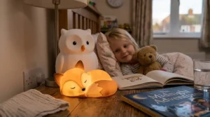 Cute silicone animal night light for kids glowing softly on a bedside cabinet during bedtime routine