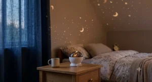 Portable rechargeable star projector night light creating a calming warm glow for evening bedtime routines.