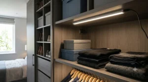 Rechargeable USB LED cabinet light bar mounted under a shelf in a dark wooden wardrobe