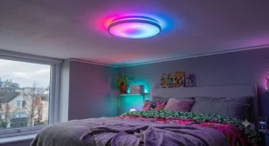 RGB flush mount colour changing ceiling light showing vibrant mood lighting in a teenager's bedroom
