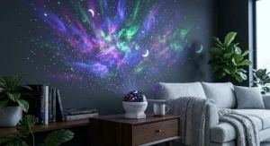 360 degree rotating star projector night light projecting dynamic night sky patterns onto the bedroom wall.