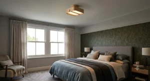 Minimalist Scandi style wooden ceiling light for bedroom with natural timber finish