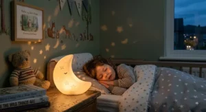 Crescent moon night light for kids helping a young child fall asleep peacefully at bedtime