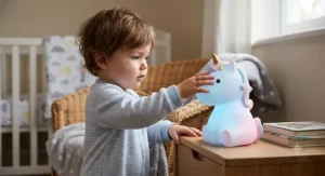 Child touching a soft silicone unicorn night light showing a gentle colour-changing pastel glow.