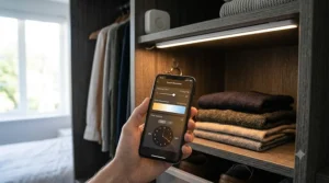 Smart wardrobe lighting strip configured via smartphone application showing dimming levels and timers