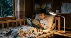 Child reading a storybook in bed under the gentle illumination of an eye care reading lamp